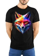 Colorful Watercolor Fox Face Artistic Wildlife Graphic Tee Shirt - model wearing black tee with hands behind back