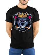 Crowned Savage Bear Smoking Cigar Fierce Attitude Graphic Tee Shirt - model wearing black tee with hands behind back