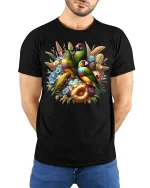 Colorful Songbird Garden Floral Art Nature Illustration Graphic Tee - model wearing black tee with hands behind back