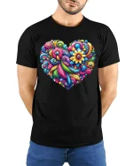 Colorful Floral Heart Art Graphic Tee With Vibrant Joyful Energy - model wearing black tee with hands behind back