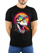 Cool Sunglasses T Rex Roar Graphic Tee With Retro Sunset Vibes - model wearing black tee with hands behind back