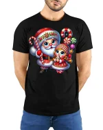 Cute Santa And Little Girl Christmas Candy Magic Graphic Tee - model wearing black tee with hands behind back