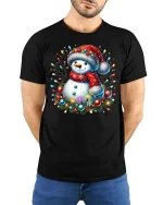 Cute Christmas Snowman With Lights Graphic T Shirt Festive Cheer Tee - model wearing black tee with hands behind back