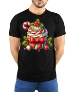 Festive Christmas Cupcake Candy Cane Holiday Delight Graphic Tee - model wearing black tee with hands behind back