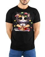 Cute Christmas Kitten In Gift Box With Twinkling Lights Graphic Tee - model wearing black tee with hands behind back