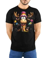 Funny Christmas Moose With Tangled Ornaments Festive Graphic Tee - model wearing black tee with hands behind back