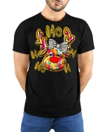 Ho Ho Ho Colorful Reindeer With Bow Funny Christmas Graphic Tee - model wearing black tee with hands behind back