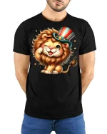 Cute Patriotic Lion With Uncle Sam Hat Funny Cartoon Graphic Tee - model wearing black tee with hands behind back