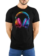 Colorful Paint Splash Headphones Music Lover Artistic Graphic Tee - model wearing black tee with hands behind back