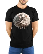 Funny Fluffy Sheep Graphic T Shirt Cute Woolly Animal Art Tee - model wearing black tee with hands behind back