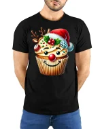Funny Christmas Cupcake With Santa Hat Graphic T Shirt Sweet Tee - model wearing black tee with hands behind back