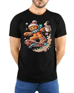 Gingerbread Skater With Hot Cocoa Funny Christmas Graphic T Shirt - model wearing black tee with hands behind back