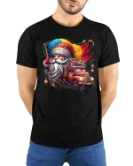 Santa Claus Driving Vintage Gift Truck Christmas Graphic T Shirt - model wearing black tee with hands behind back