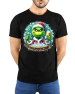 Grinch Christmas Bubble Bath Party Graphic Tee With Wine Humor - model wearing black tee with hands behind back