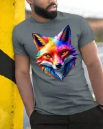 Colorful Watercolor Fox Face Artistic Wildlife Graphic Tee Shirt - model wearing grey tee, leaning on column