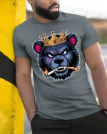 Crowned Savage Bear Smoking Cigar Fierce Attitude Graphic Tee Shirt - model wearing grey tee, leaning on column