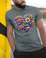 Colorful Floral Heart Art Graphic Tee With Vibrant Joyful Energy - model wearing grey tee, leaning on column