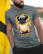 Smooshed Face Big Attitude Funny Pug Graphic Tee With Cool Vibes - model wearing grey tee, leaning on column