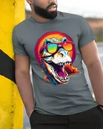 Cool Sunglasses T Rex Roar Graphic Tee With Retro Sunset Vibes - model wearing grey tee, leaning on column