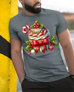 Festive Christmas Cupcake Candy Cane Holiday Delight Graphic Tee - model wearing grey tee, leaning on column