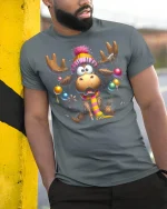 Funny Christmas Moose With Tangled Ornaments Festive Graphic Tee - model wearing grey tee, leaning on column