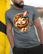 Cute Patriotic Lion With Uncle Sam Hat Funny Cartoon Graphic Tee - model wearing grey tee, leaning on column