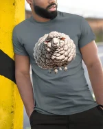 Funny Fluffy Sheep Graphic T Shirt Cute Woolly Animal Art Tee - model wearing grey tee, leaning on column