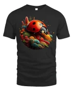 Colorful Ladybug Garden Fantasy Art Bright Nature Graphic Tee - black t-shirt on white background