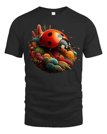 Colorful Ladybug Garden Fantasy Art Bright Nature Graphic Tee - black t-shirt on white background