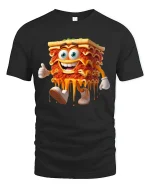Funny Lasagna Cartoon Character Melty Food Humor Graphic Tee - black t-shirt on white background
