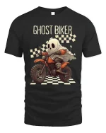Ghost Biker Racing Cartoon Spooky Motorcycle Graphic T-Shirt - black t-shirt on white background
