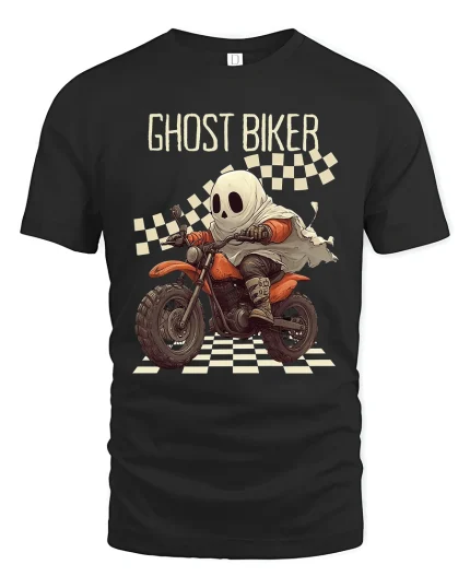 Ghost Biker Racing Cartoon Spooky Motorcycle Graphic T-Shirt - black t-shirt on white background