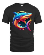 Neon Shark Circle Design Vibrant Ocean Art Graphic T-Shirt - black t-shirt on white background