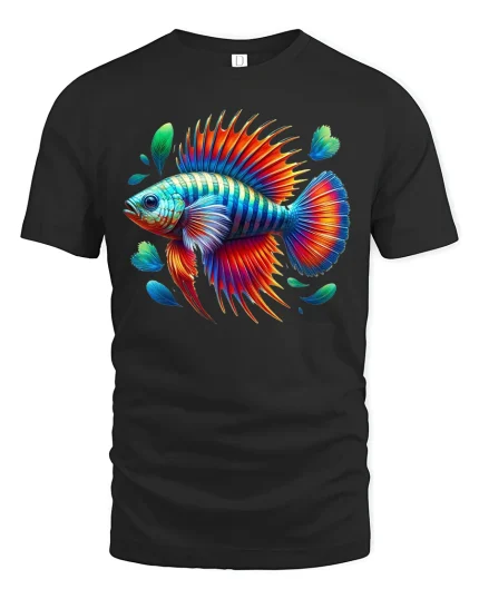 Vibrant Rainbow Fish Fantasy Ocean Art Colorful Graphic T-Shirt - black t-shirt on white background