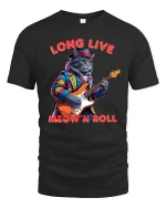 Long Live Meow N Roll Rockstar Cat Playing Guitar Graphic Tee - black t-shirt on white background
