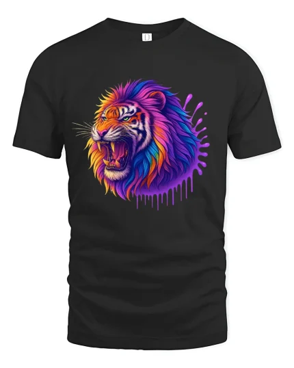 Vibrant Roaring Tiger Neon Art Graphic T-Shirt with Soft Feel - black t-shirt on white background