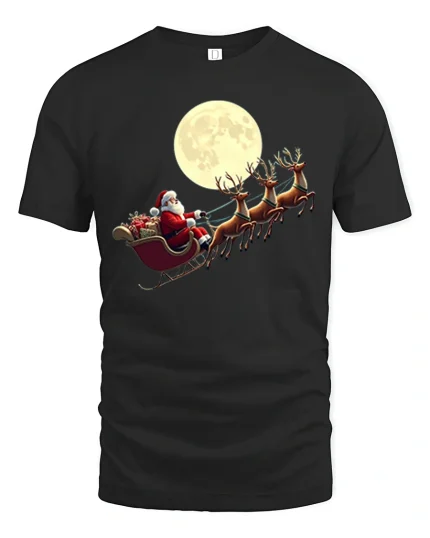 Santa Sleigh Moonlight Ride Classic Christmas Graphic T-Shirt - black t-shirt on white background