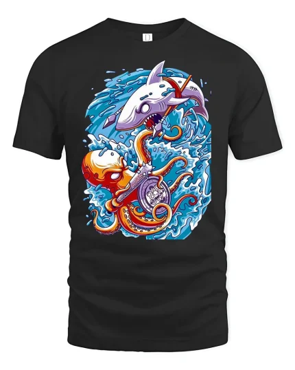 Epic Shark vs Octopus Battle Ocean Warrior Graphic T-Shirt - black t-shirt on white background