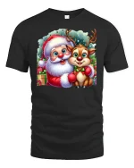 Cute Santa and Reindeer Christmas Friends Holiday Graphic Tee - black t-shirt on white background