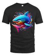 Neon Shark Splash Vibrant Ocean Art Graphic T-Shirt Soft Feel - black t-shirt on white background