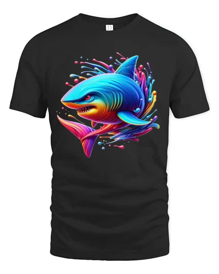 Neon Shark Splash Vibrant Ocean Art Graphic T-Shirt Soft Feel - black t-shirt on white background