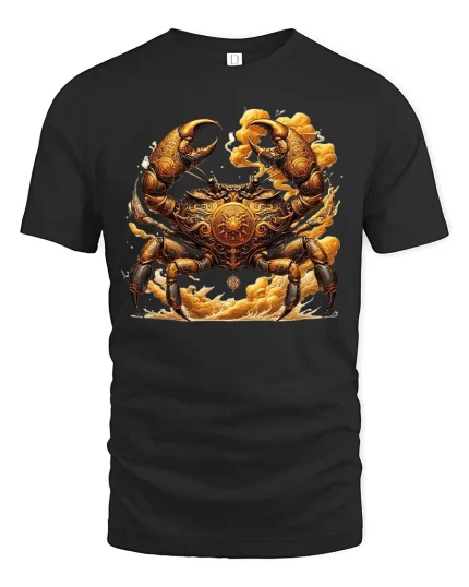 Golden Warrior Crab Ornate Art Mythic Style Graphic T-Shirt - black t-shirt on white background