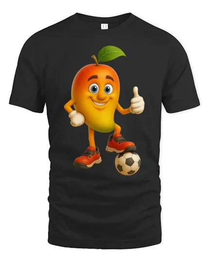 Funny Mango Soccer Player Cartoon Art Fun Graphic T-Shirt - black t-shirt on white background