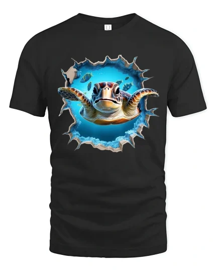 3D Sea Turtle Breakthrough Ocean Art Realistic Graphic T-Shirt - black t-shirt on white background
