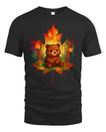 Cute Autumn Bear in Leaf Forest Art Cozy Fall Graphic T-Shirt - black t-shirt on white background