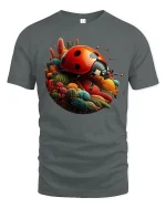 Colorful Ladybug Garden Fantasy Art Bright Nature Graphic Tee - gray t-shirt on white background