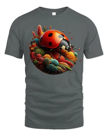 Colorful Ladybug Garden Fantasy Art Bright Nature Graphic Tee - gray t-shirt on white background