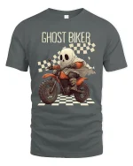 Ghost Biker Racing Cartoon Spooky Motorcycle Graphic T-Shirt - gray t-shirt on white background