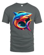 Neon Shark Circle Design Vibrant Ocean Art Graphic T-Shirt - gray t-shirt on white background