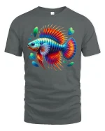 Vibrant Rainbow Fish Fantasy Ocean Art Colorful Graphic T-Shirt - gray t-shirt on white background